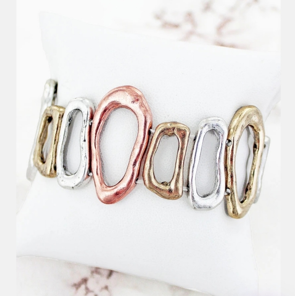 Burnished Tri-Tone Organic Ovals Stretch Bracelet
